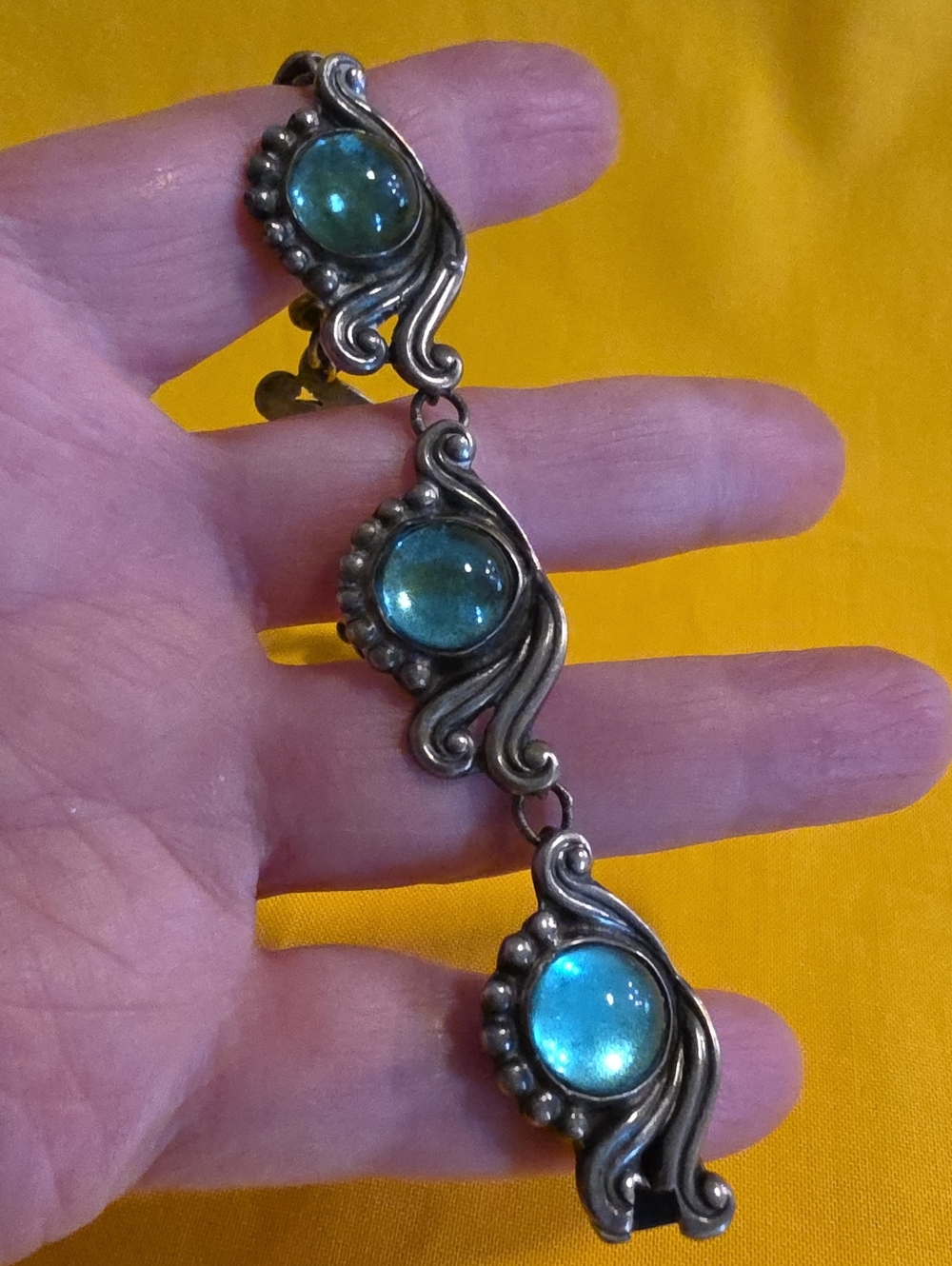 Vintage Mid-Century Mexican Silver Bracelet ▪︎ Blue & Green Glass Cabochons